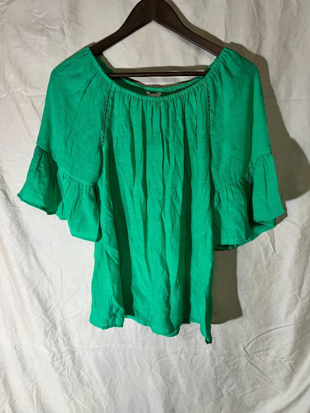 C Est 1946 Top Green Off‎ Shoulder Ruffle Flutter 3/4 Sleeve Shirt Peasant Small